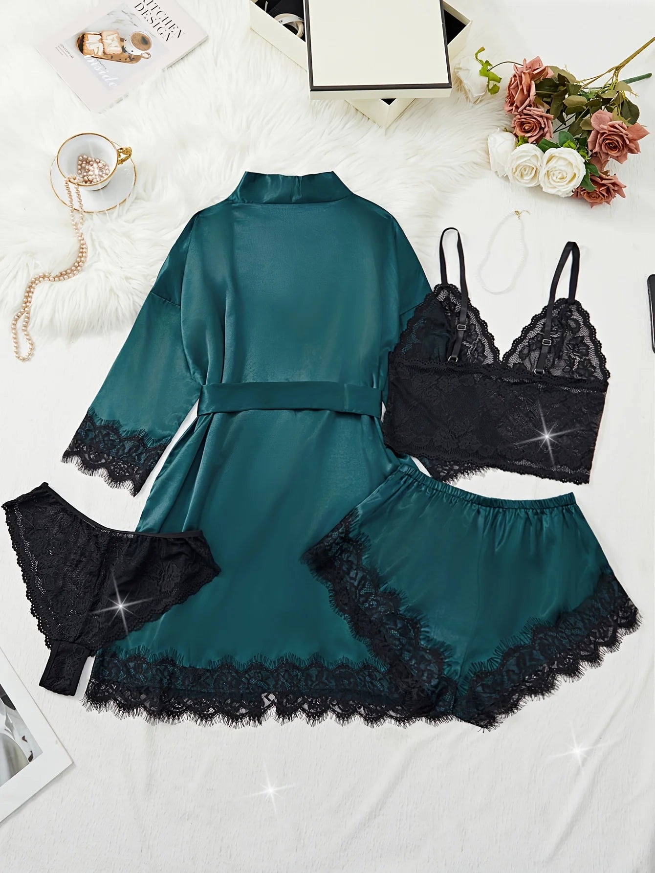 New Fashion Robe Lingerie Set Black Lace Bralette Thong Shorts Women's Luxury Sleepwear Nightwear Elegant Sexy Gift Bridal