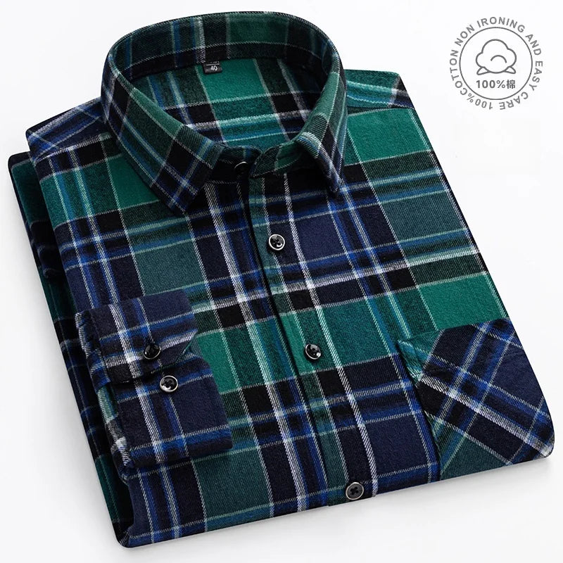 Plaid Flannel Shirts For Men Long Sleeve 100%Cotton Fashion Casual Soft Standard-Fit Man Blouse Clothes Oversize Men's clothing