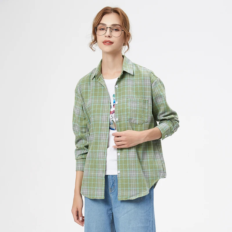 Fresh Flannel Plaid Shirt Women 2025 New Female Blouses and Tops Cotton Loose Long Sleeve Casual Shirts Fine Women's Clothes