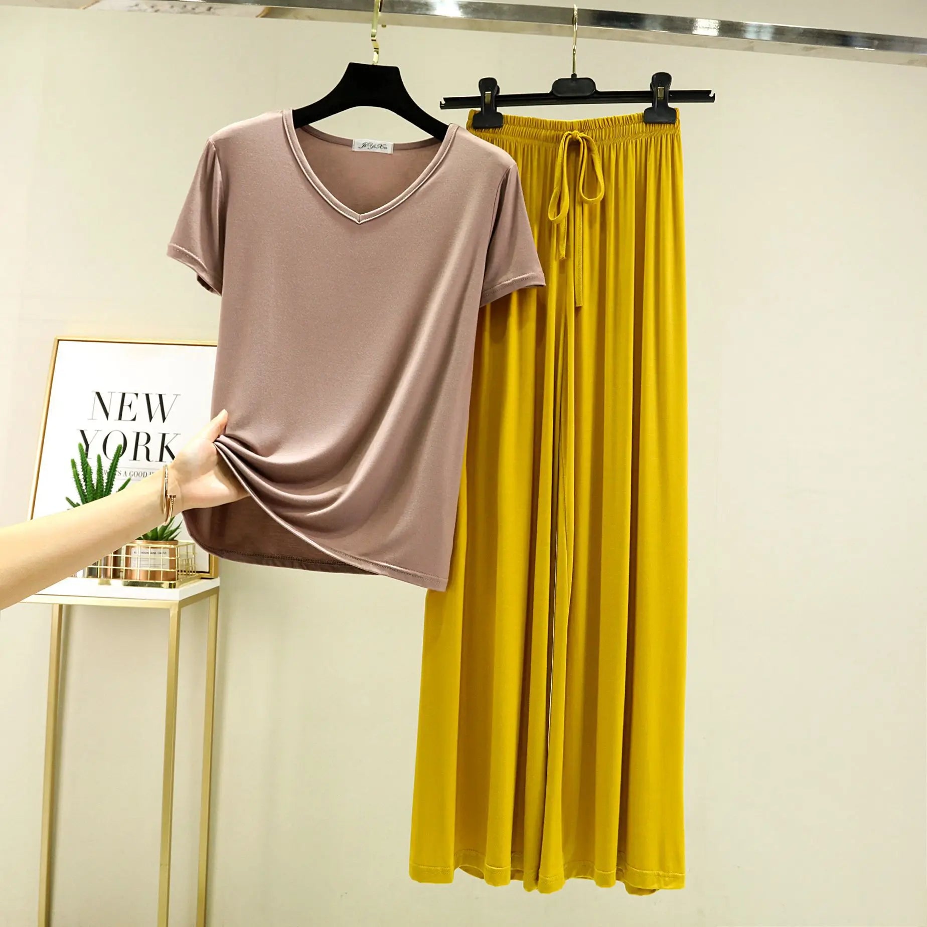 Modal Homewear 2pcs Pajamas set Short sleeve Tops and Trousers Solid color Casual Loose Sleepwear suit Plus size Nightwear