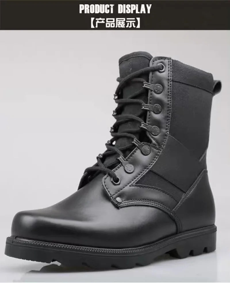 Men's Security Boots Black High-top Leather Boots Outdoor Tactical Combat Boots Anti Slip Hiking Boot Hunting Safety Shoes Botas