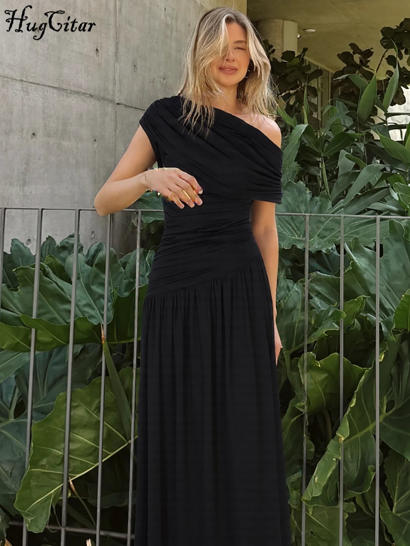 Hugcitar One Shoulder Ruched Sleeveless Solid Pleated Sexy Irregular Y2K Maxi Dress Summer Elegant Party Women Clothes Vacation
