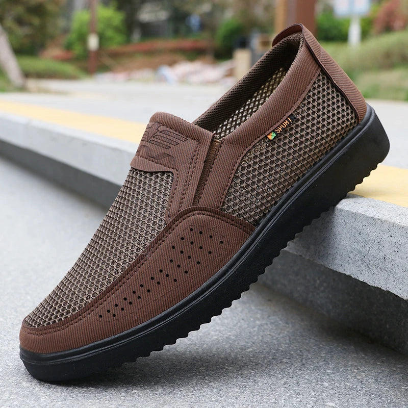 Men's Breathable Slip-On Casual Shoes - Lightweight Low-Top Walking Sneakers for Outdoor, Fishing, Park and Exercise, Brown Mesh Fabric, Rubber Sole, Plaid for All Seasons, Outdoor Shoes | Low-Top Shoes | Fabric Upper