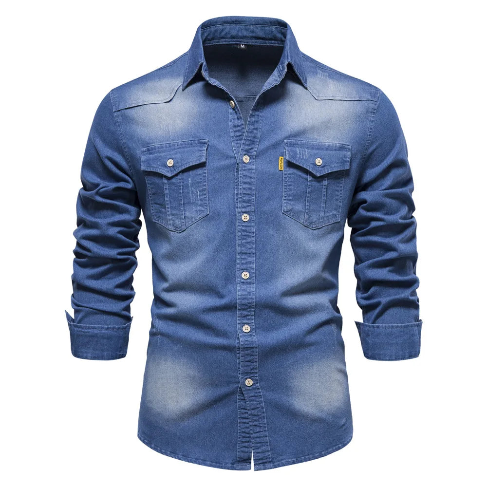 Men's casual solid - color long - sleeve denim shirt, a fashionable and versatile breathable cotton coat.