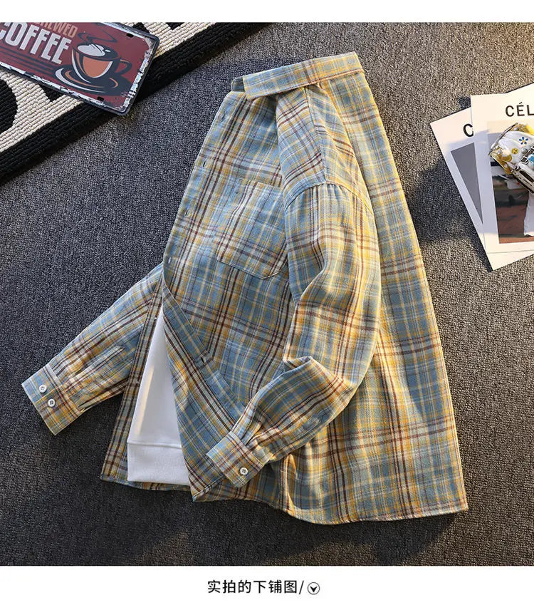 High-quality, fashionable, stylish, versatile and trendy men's checked long-sleeved shirt for autumn banquets and casual wear