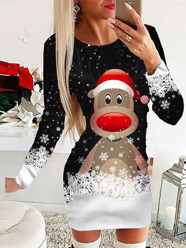 Black White Snowflake Deer Pattern Women's Dress Autumn Winter Sext Long Sleeve Bodycon Mini Dress Elegant Red Christmas Dresses