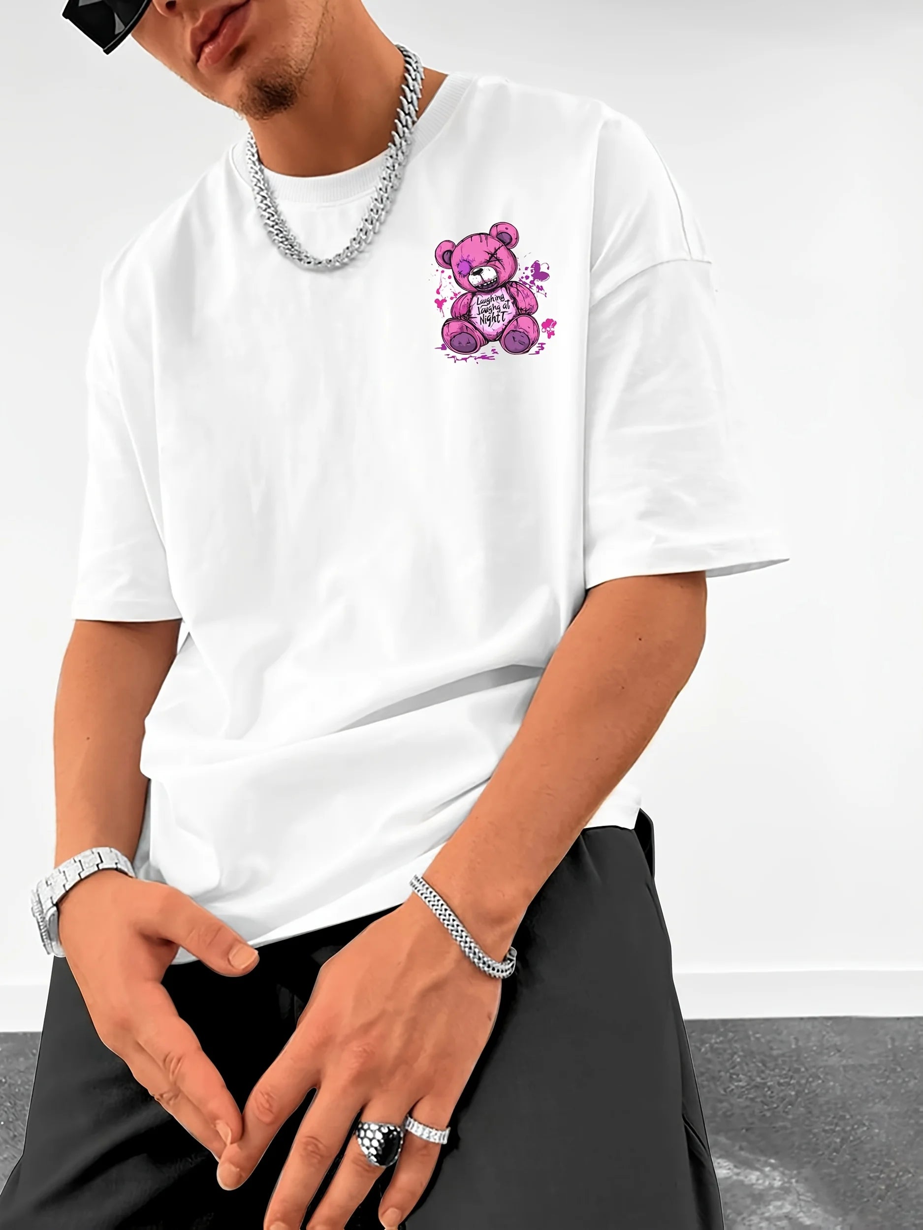 Trendy style new summer men's teddy bear letter print breathable and comfortable round neck T-shirt outdoor high street top