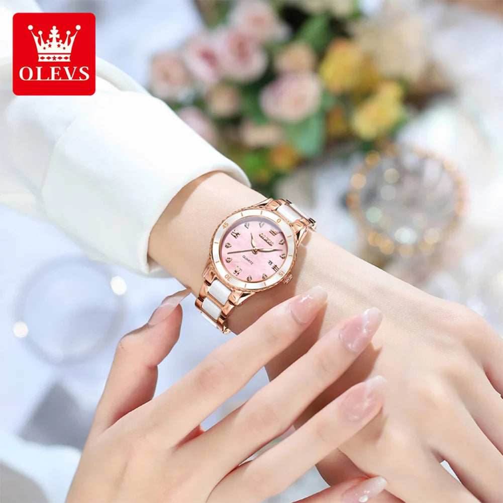 OLEVS Women Watch Diamond Roman Scale Waterproof Calendar Elegant Quartz Watches Ceramic Strap Luxury Original Girls Watch 9985