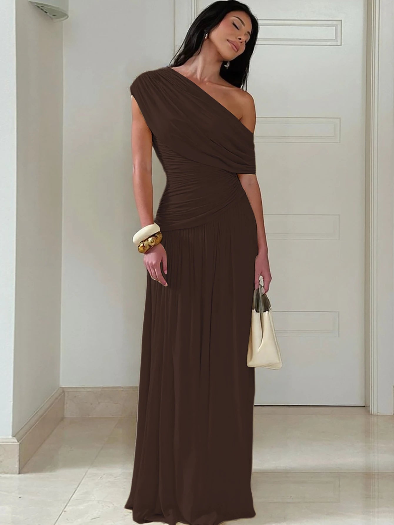 Hugcitar One Shoulder Ruched Sleeveless Solid Pleated Sexy Irregular Y2K Maxi Dress Summer Elegant Party Women Clothes Vacation