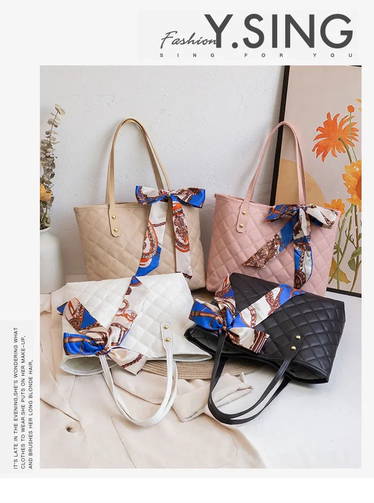 Embroidered Women's Handbag PU Leather Large Capacity Bucket Bag Fashion Beach Tote with Silk Scarf Gift Elegant Daily Use Purse