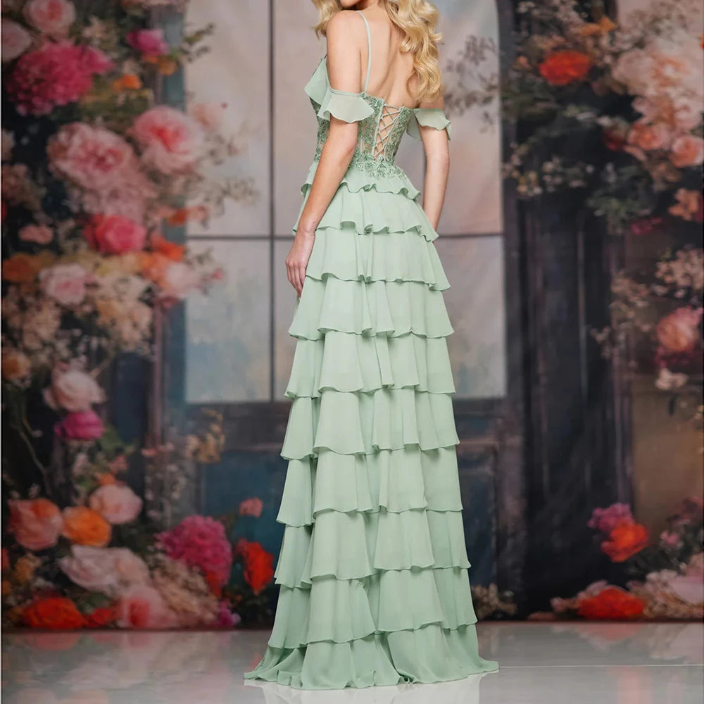 Customized A-line Evening Dresses Floor-length Spaghetti Strap Sleeveless Prom Gown Fashion Lace Backless Lace-up Party Gown