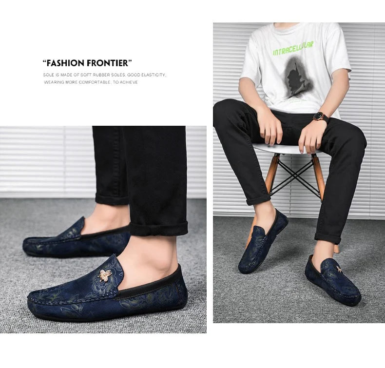 Luxury Brand Yellow Men Casual Shoes Fashion Flower Print Loafers Men Designer Flat Shoes Comfortable Slip-on Male Driving Shoes