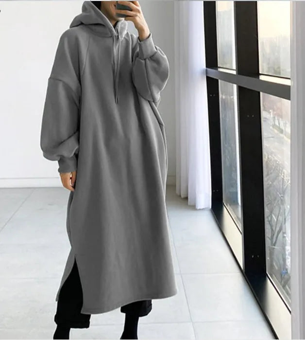2025 Thicken Autumn Winter Women Oversized Hoodie Long Dress Solid Fashion Long Sleeve Female Clothing Casual Loose New Dresses