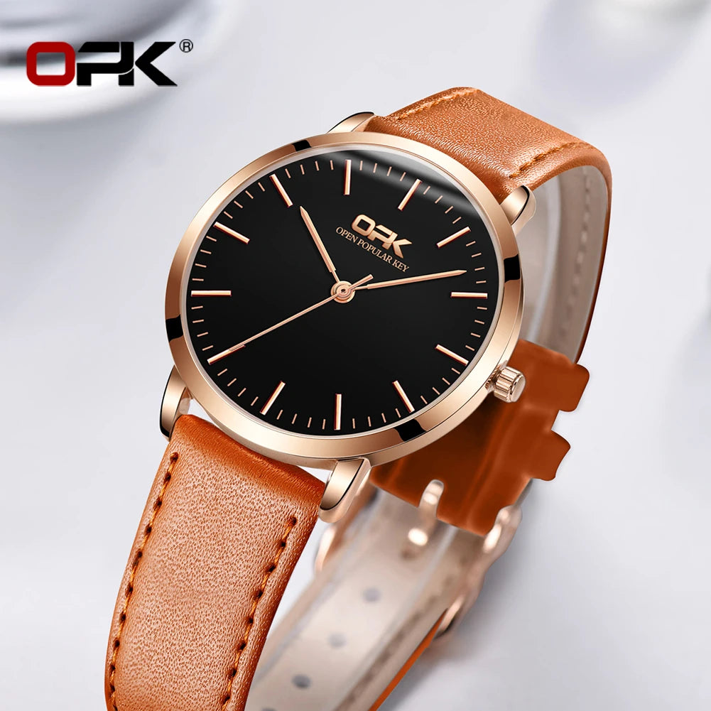 OPK 8101 Original Quartz Watch For Women Waterproof Leather Strap Hand Clock Simple Dial Top Brand Fashion Ladies Wrist Watches