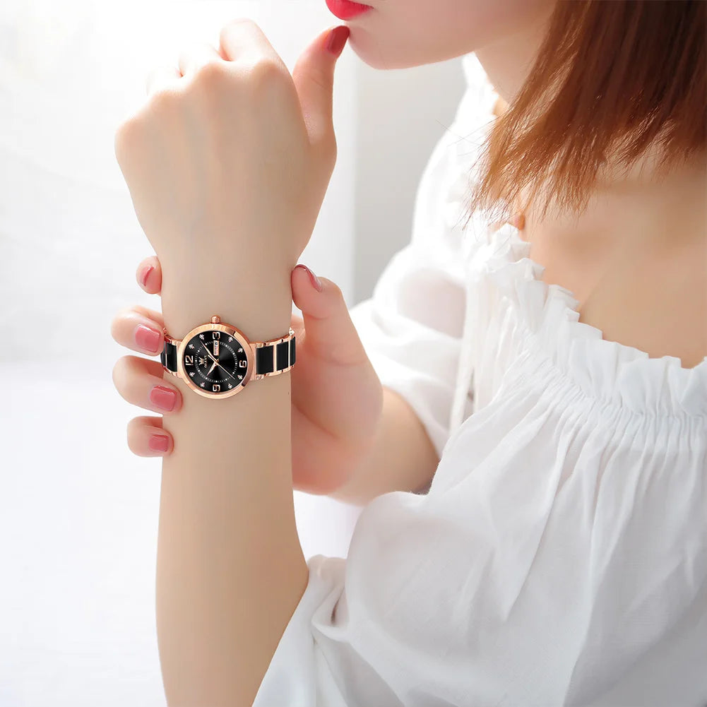 OLEVS New Ceramics Watchstrap Watch For Women Luxury Business Diamonds Wristwatch Fashion Waterproof Dual Calendar Woman Watches