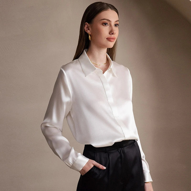 Spring Covered Button Mulberry Silk Shirt Long Sleeve Ladies Clothing Luxury 19Mm 100% Silk Women'S Fashion Blouses