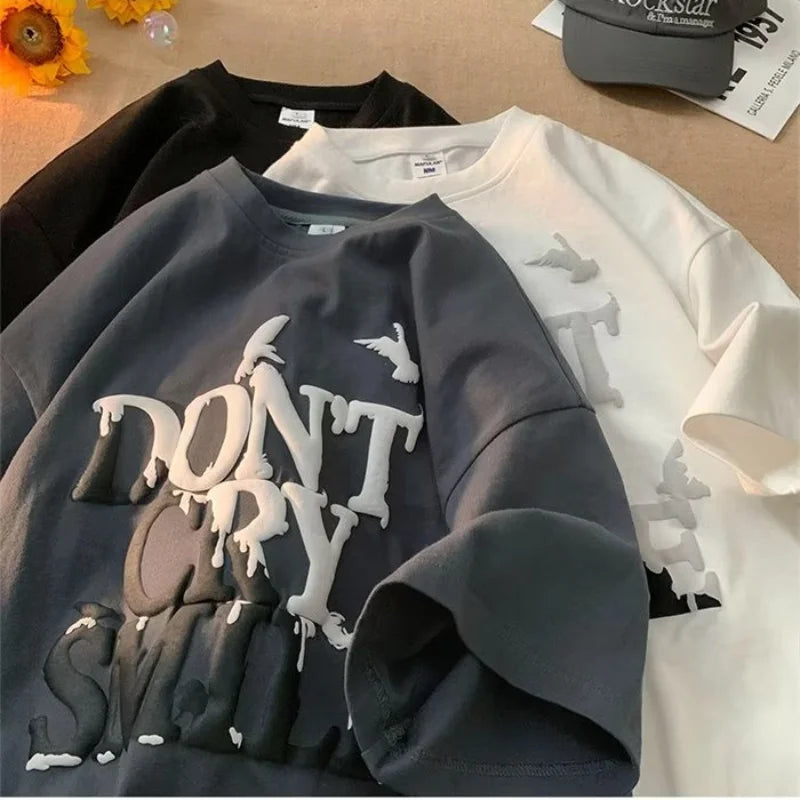 8XL New Casual T-shirt Short Sleeved Round Neck Print DONT Pigeon Letters Loose Retro Style Suitable Men