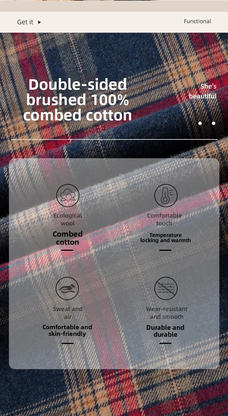 Pure Cotton Flannel Plaid Long Sleeve Casual Shirt for Men Spring Autumn New Style Retro Cross-Border Checkered Shirt