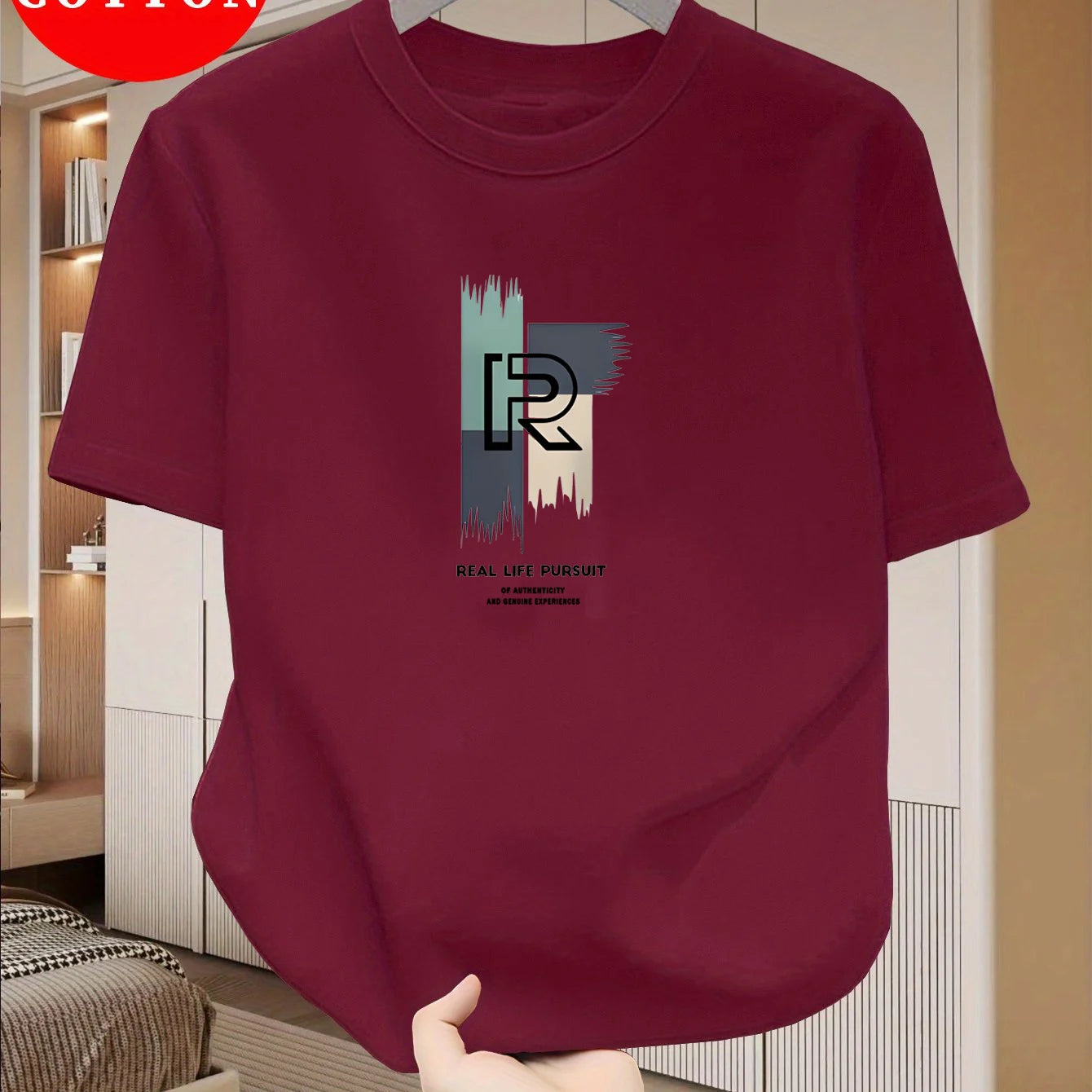 Men's 100% pure cotton casual loose modern abstract letter and "at time" pattern printed round neck short sleeved T-shirt top