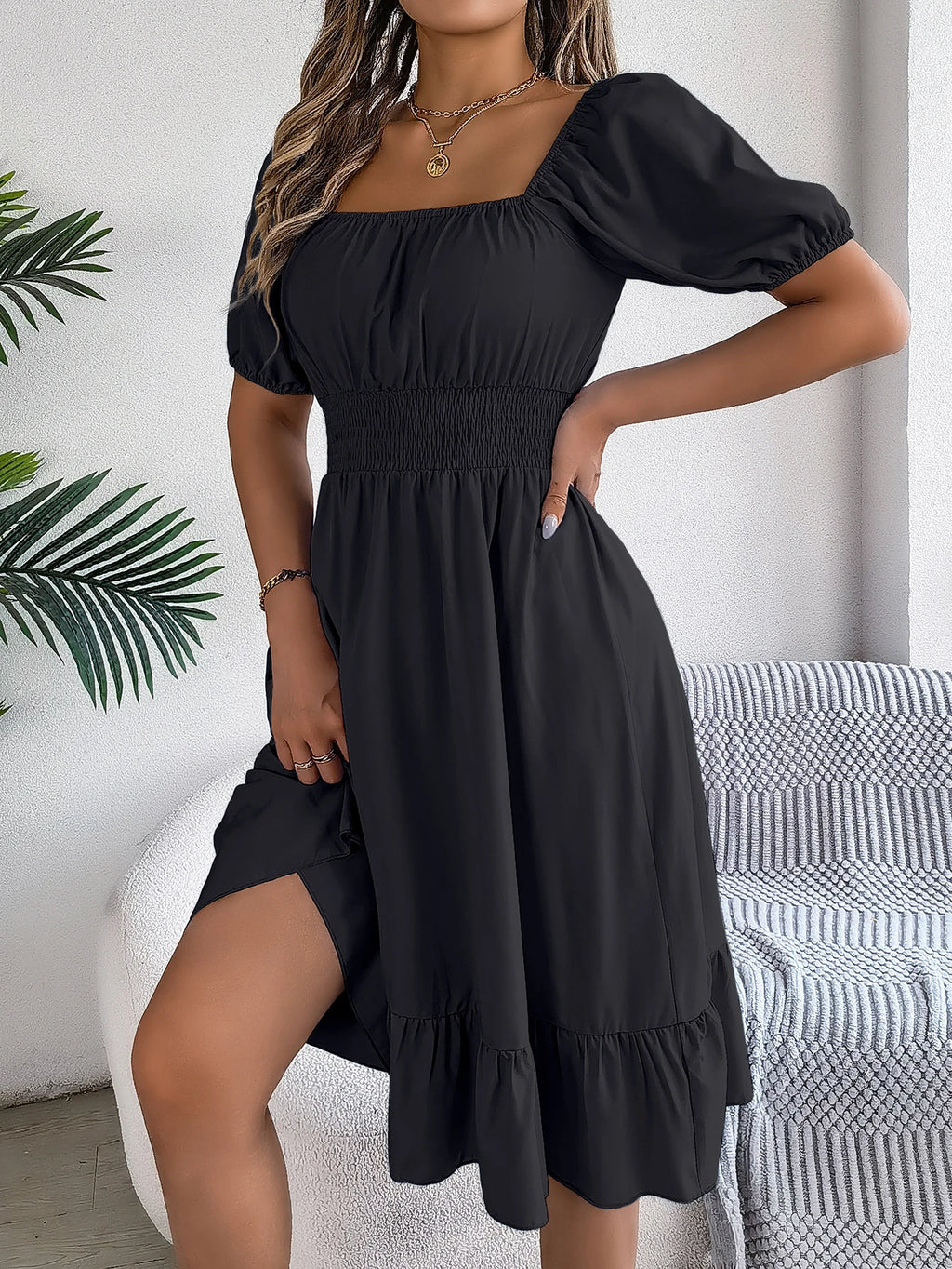Spring Summer Elegant High Waisted Dress Square Neck Short Sleeved Ruffled Edge Long Dresses for Women 2026 Valentine's Day