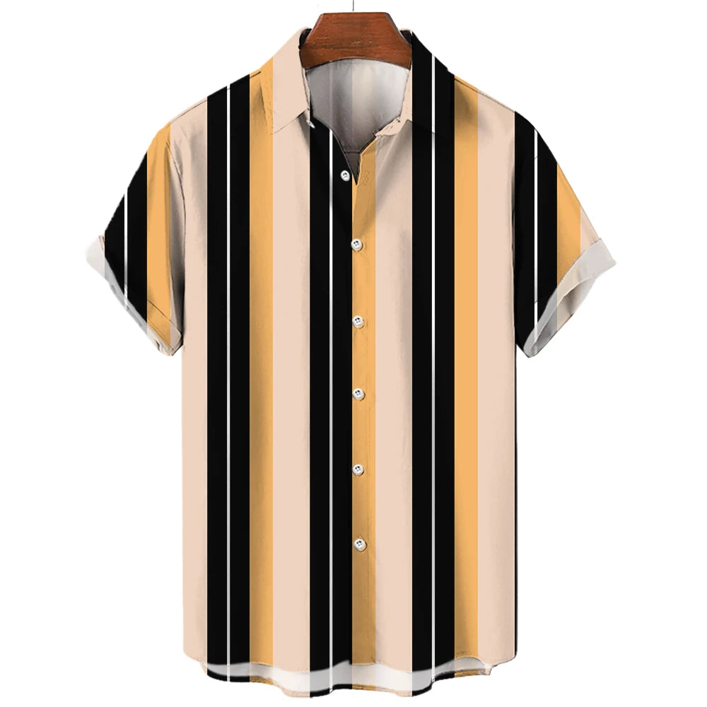 Men's Hawaiian Shirt Summer Stripes Print Short Sleeve Top Tees Fashion Casual Social Shirts Lapel Button Oversized Men Clothing