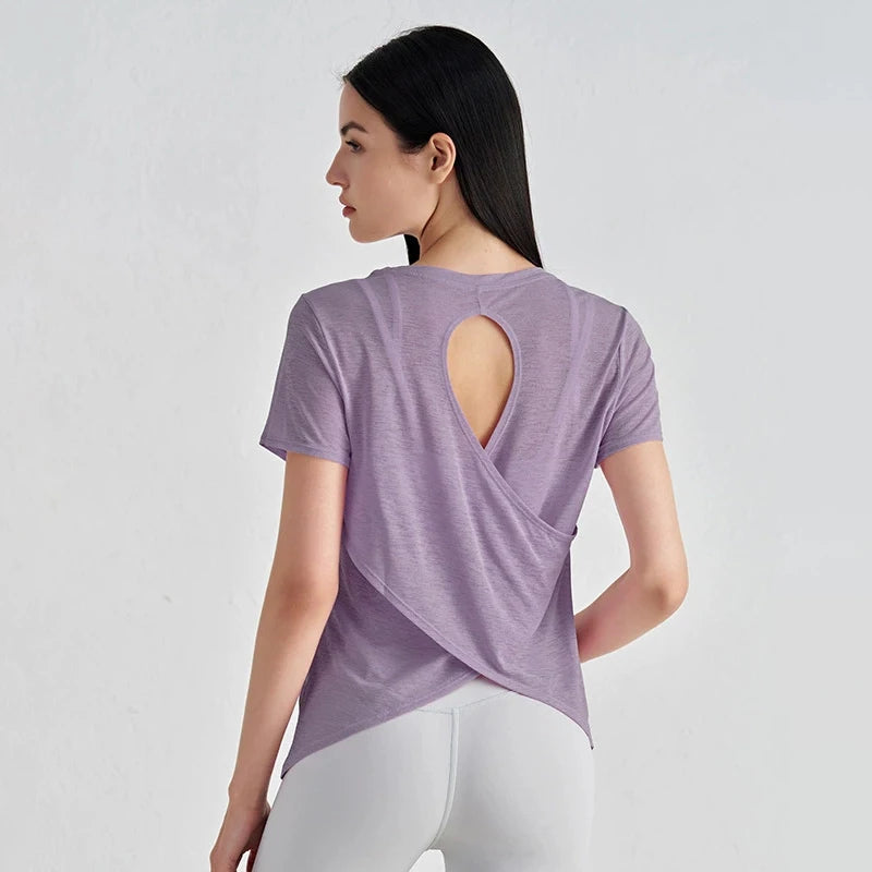 TRY TO BN Gym Tops Women Short Sleeve Sports Fitness Nylon Hollow Back Breathable Women's T-Shirt Training Runing Yoga Clothing