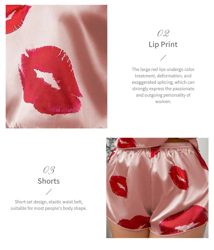 Women's Cute Heart Print Satin Pajama Set - V Neck Cami Top and Elastic Shorts for Comfortable Sleep and Lounging Homewear