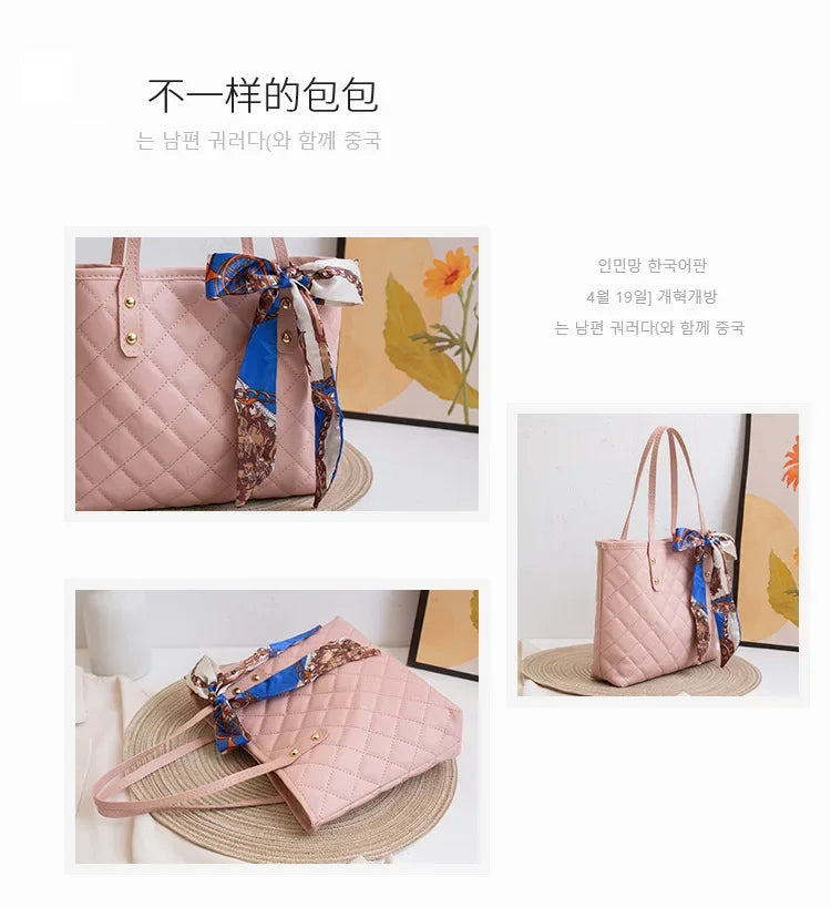 Embroidered Women's Handbag PU Leather Large Capacity Bucket Bag Fashion Beach Tote with Silk Scarf Gift Elegant Daily Use Purse