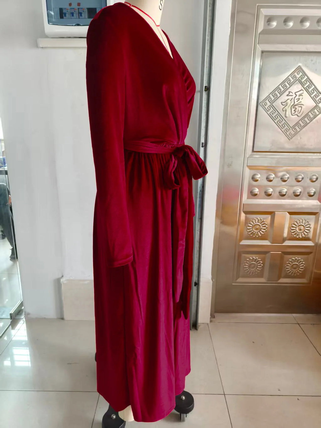 Elegant Women's German Velvet Long Sleeve Dress Autumn Winter New Slim Fit Fashion Waist Tie Female Bridesmaid Long Pocket Dress