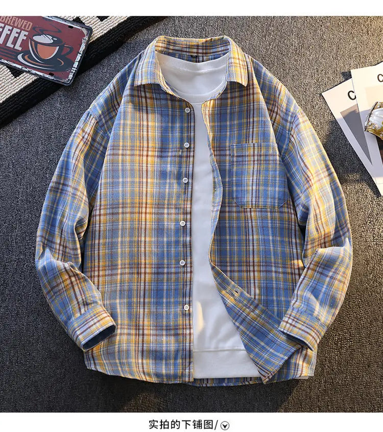 High-quality, fashionable, stylish, versatile and trendy men's checked long-sleeved shirt for autumn banquets and casual wear