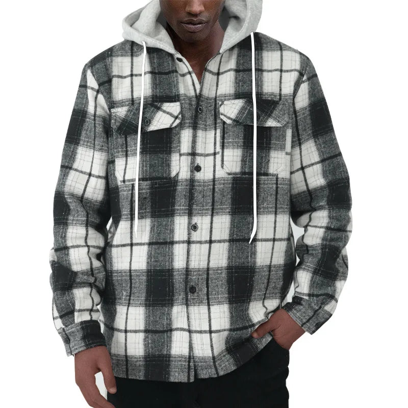 Heavy New Loose Casual Flannel Jacquard Long-Sleeved Hooded Plaid Shirt for Work Business Autumn 2025
