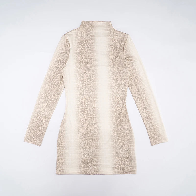 CUTENOVA Fall New Arrival Hottie Girl Long-Sleeve Fitted Snake Print Stand Collar Bodycon Mini Dress Elegant Stylish Streetwear