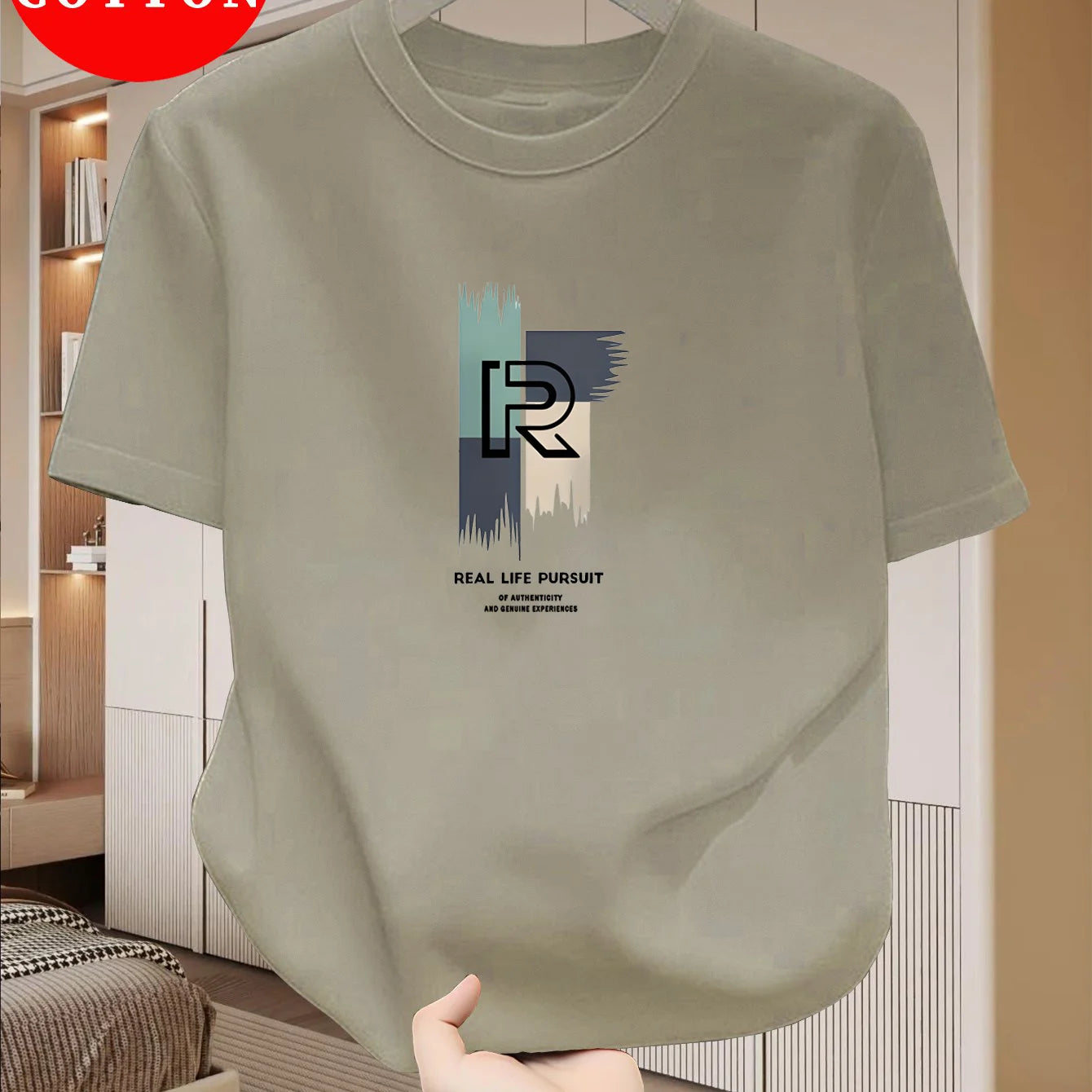 Men's 100% pure cotton casual loose modern abstract letter and "at time" pattern printed round neck short sleeved T-shirt top