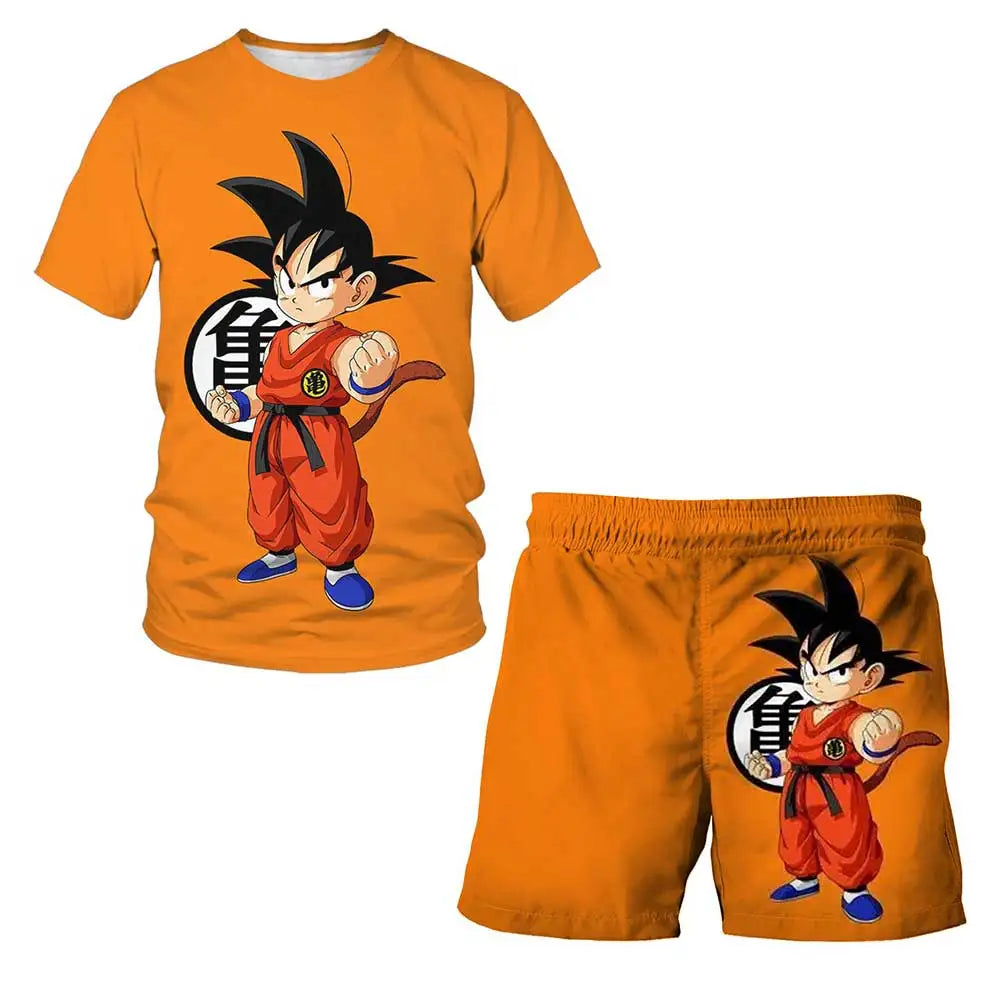 Japanese cartoon Dragon Ball Z T-shirt children's top T-shirt shorts two-piece set for summer boys T-shirt+shorts beach pants