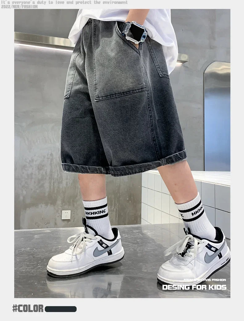 Boys Summer Denim Five-point Pants Kids Fashion Gradient Color Denim Shorts Trousers Teen Casual Jeans Children's Clothing