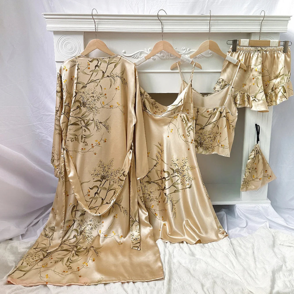 Women's Cherry Print Loungewear 5-Piece Set - Lightweight Robe, Camisole, Shorts & Dress (Minimalist Homewear Collection)