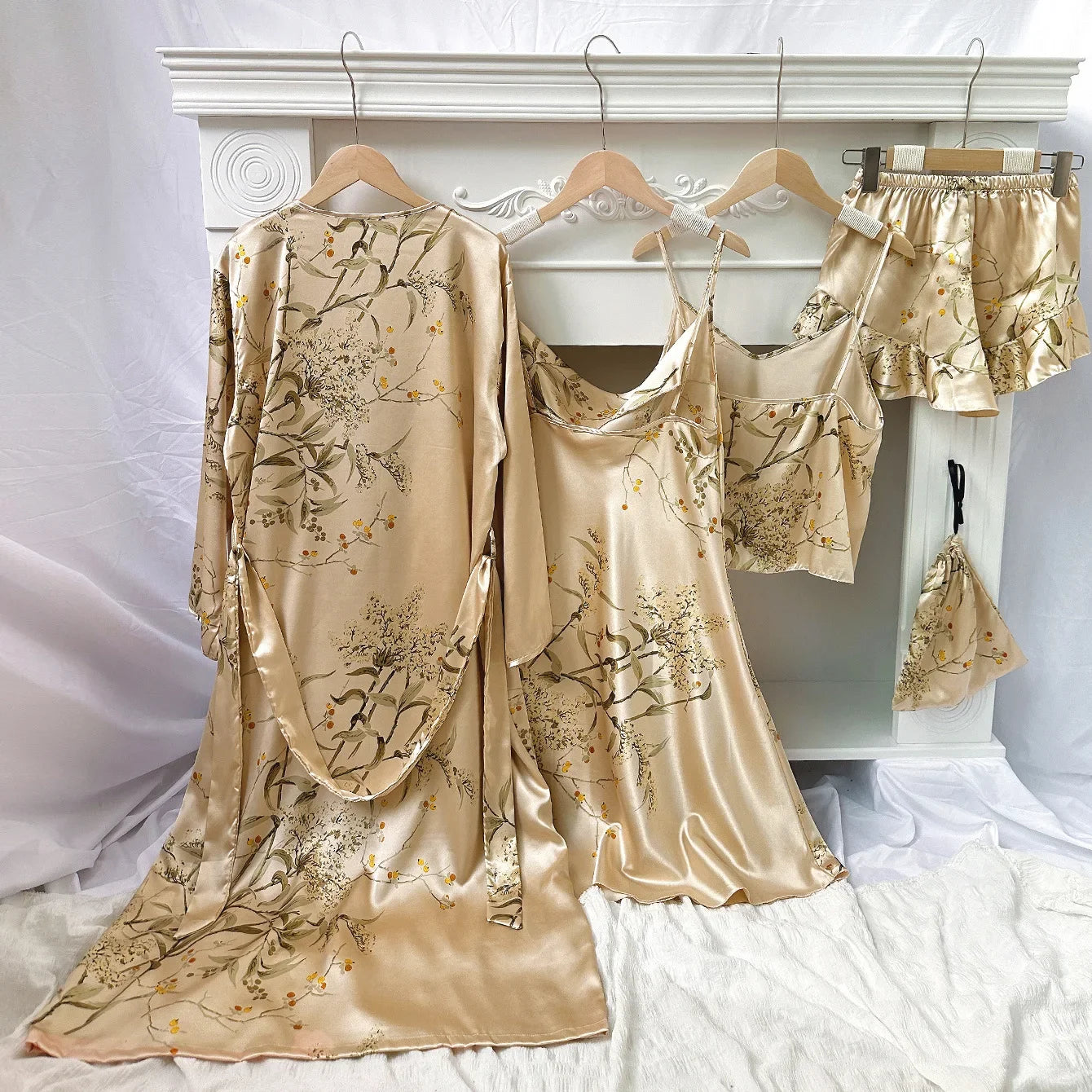 Women's Cherry Print Loungewear 5-Piece Set - Lightweight Robe, Camisole, Shorts & Dress (Minimalist Homewear Collection)