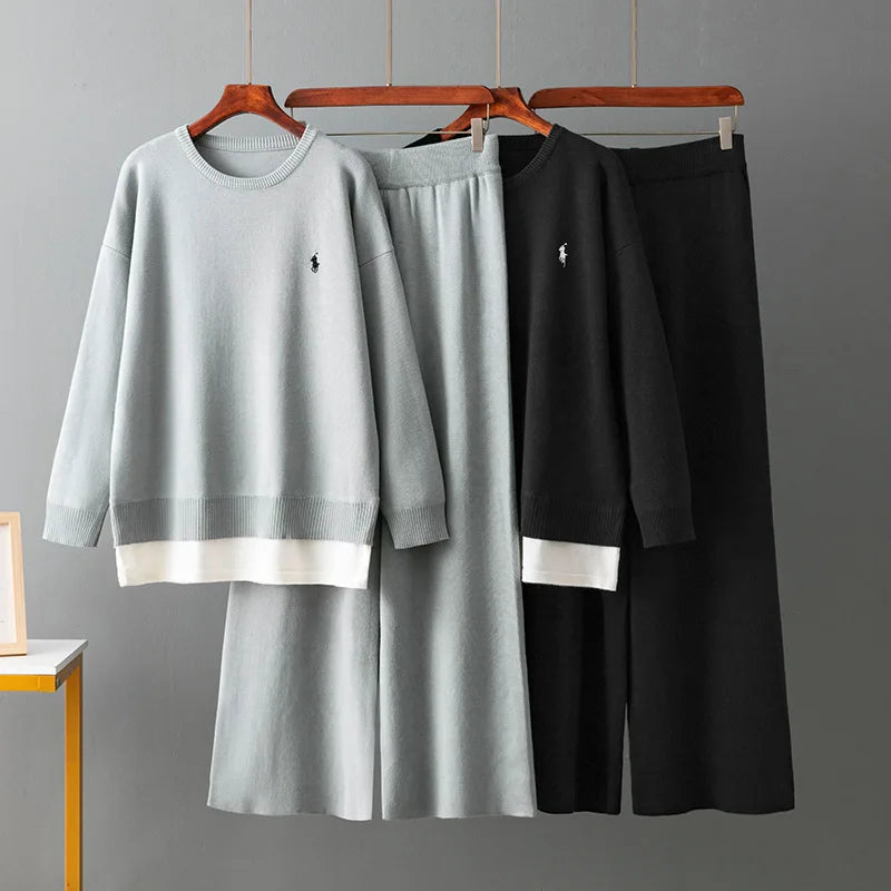 Spring Autumn Women Fashion Casual Suit New  Version Round Neck Loose Fake Two-piece Sweater Wide-leg Pants Two-piece Set