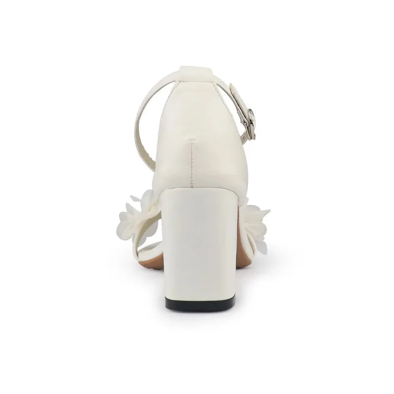 White Women Heels Flower Sandals Summer Wedding Shoes Bride Shoes Black Thick Heels Party Shoes Fashion Open Toe Women Pumps