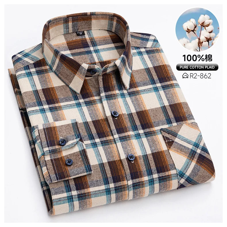 Pure Cotton Men's Plaid Shirts Long Sleeved Regular Fit Casual Office Fashion Shirts Leisure Autumn Male Check Blouses Plus Size