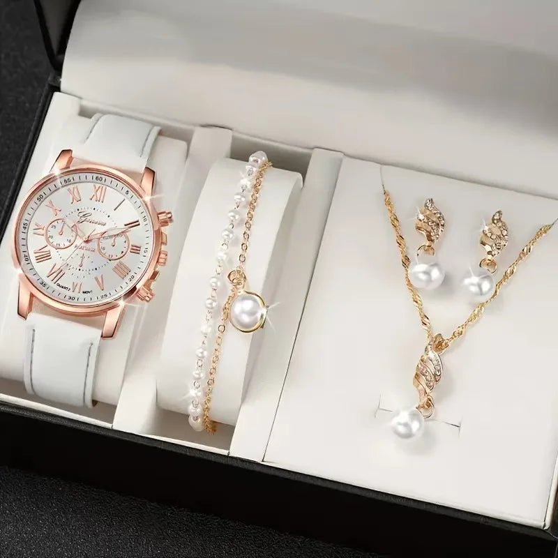 2/6pcs Luxury Watch Set Women Ring Necklace Earrings Rhinestone Fashion Wristwatch Female Casual Ladies Watches Bracelet(No Box)