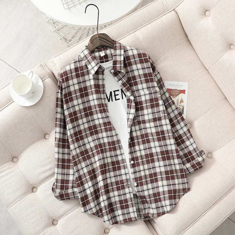 Fresh Flannel Plaid Shirt Women 2025 New Female Blouses and Tops Cotton Loose Long Sleeve Casual Shirts Fine Women's Clothes