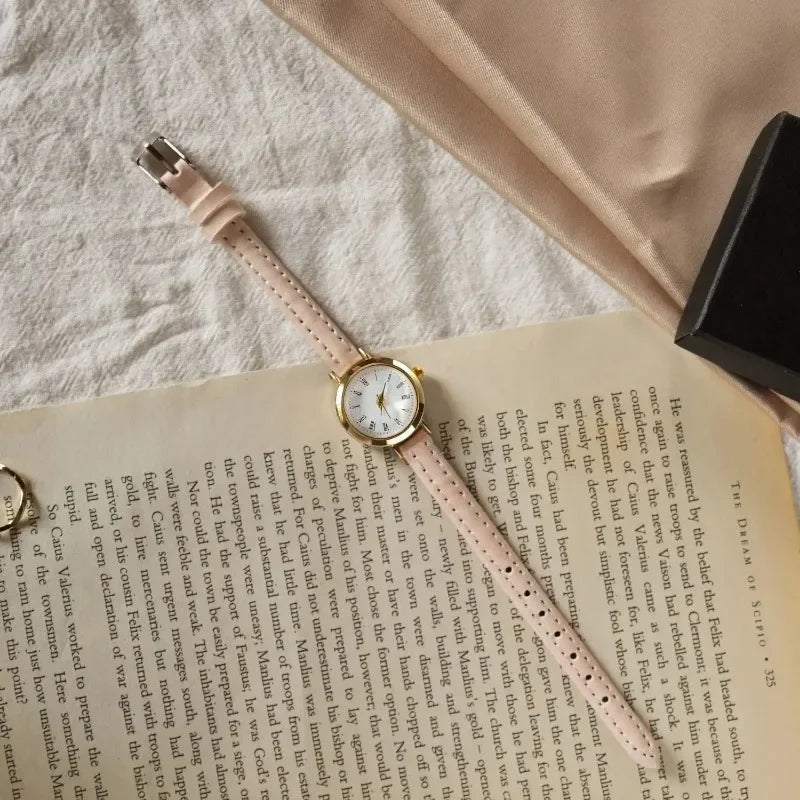 Women Brown White Small Round Watches Versatile Thin Strap Leather Band Ladies Quartz Watch Wristwatch Clock Reloj Mujer
