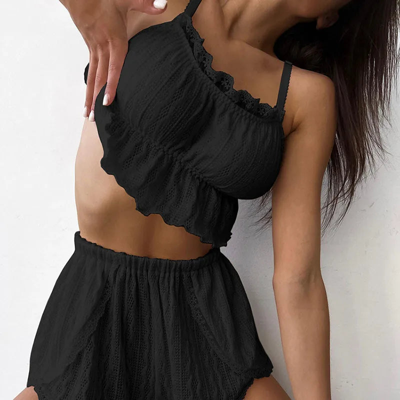 Women's Nightwear Set Sexy Lace-Trimmed Camisole Top with Cutout Details and Shorts Women's Loungewear