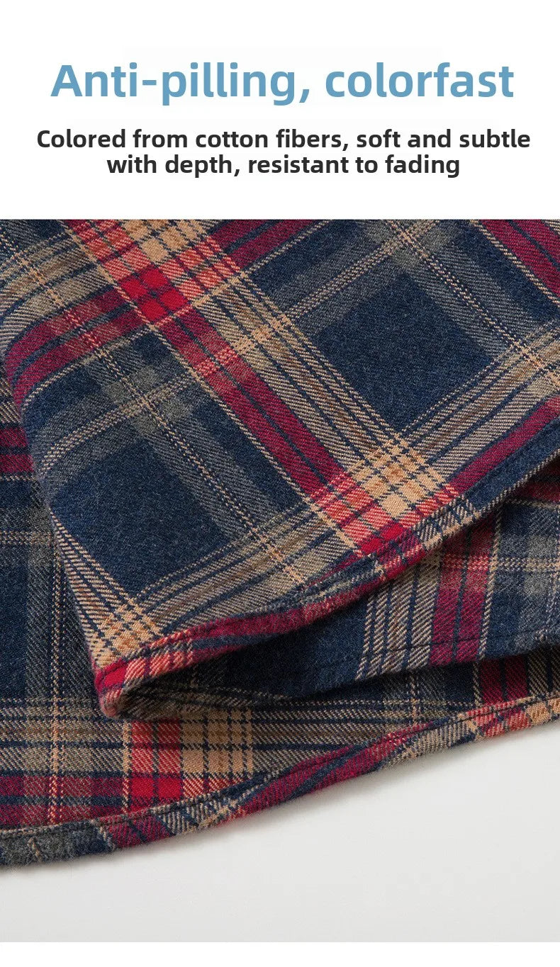 Men's Plaid Long Sleeve Shirt Fleece Finish Casual Style High End Feeling Autumn Winter Collection Fashionable Youth Urban Wear