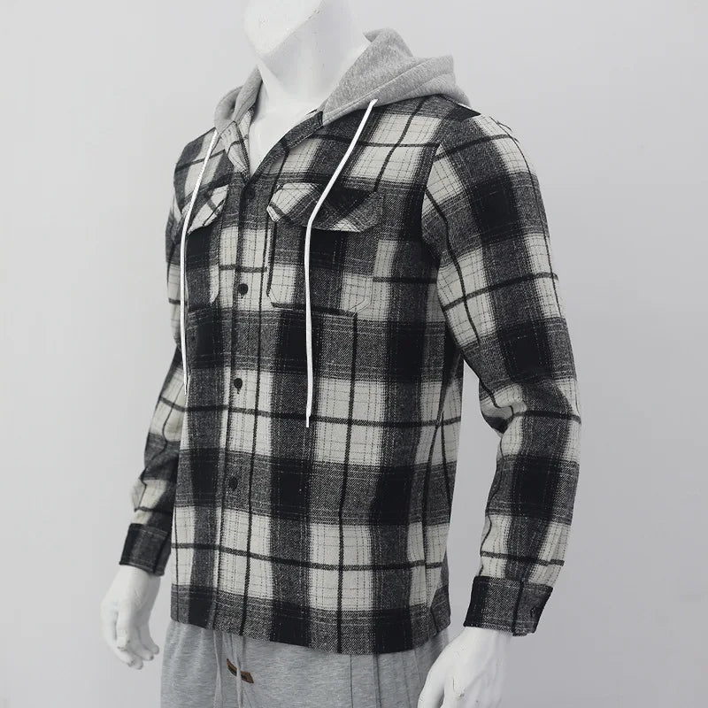 Heavy New Loose Casual Flannel Jacquard Long-Sleeved Hooded Plaid Shirt for Work Business Autumn 2025