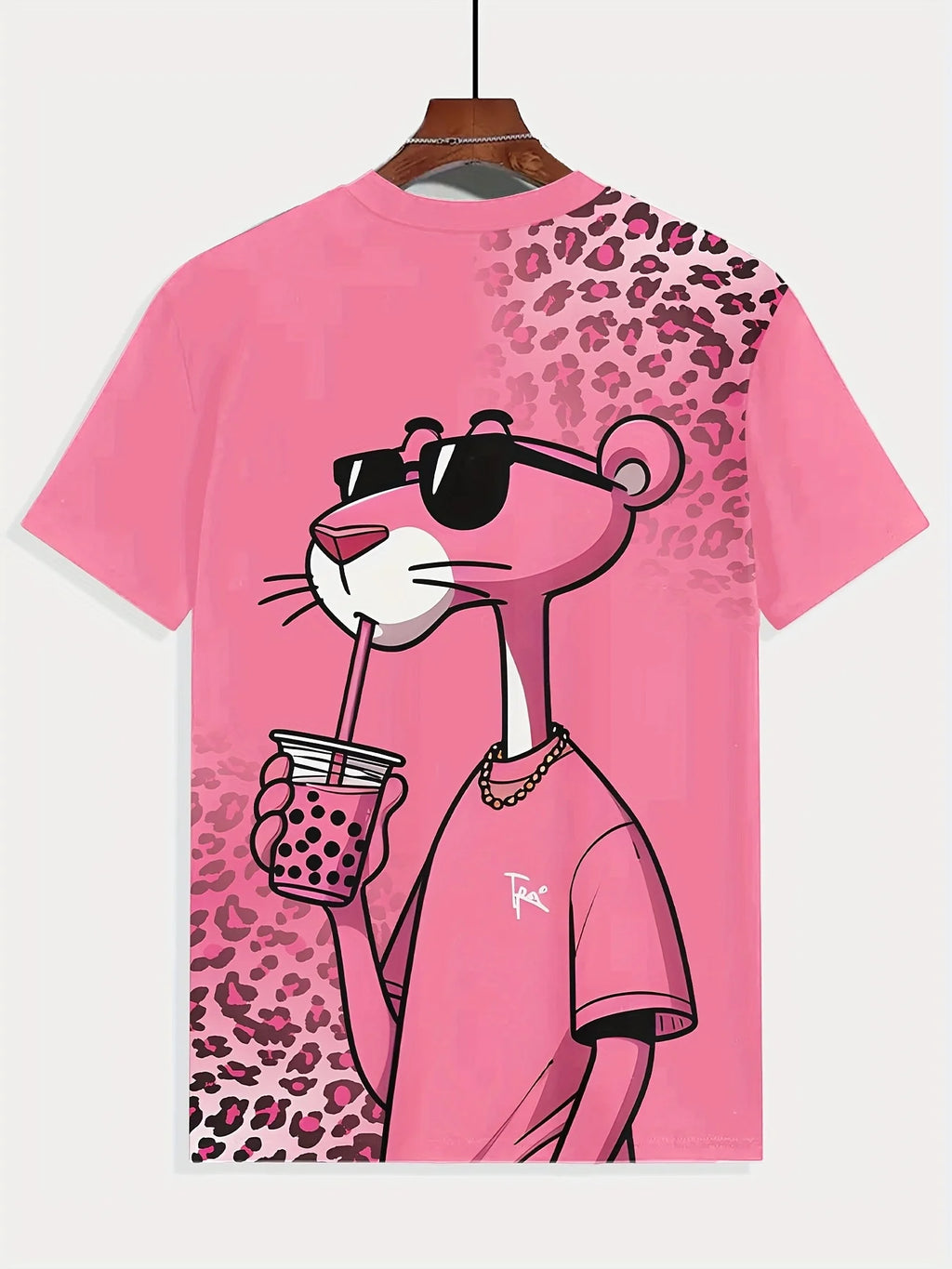 Men's Plus Size Casual Sports Tee - Pink Leopard Print with Stylish Cartoon Rat Graphic,Polyester,Machine Washable,Workout