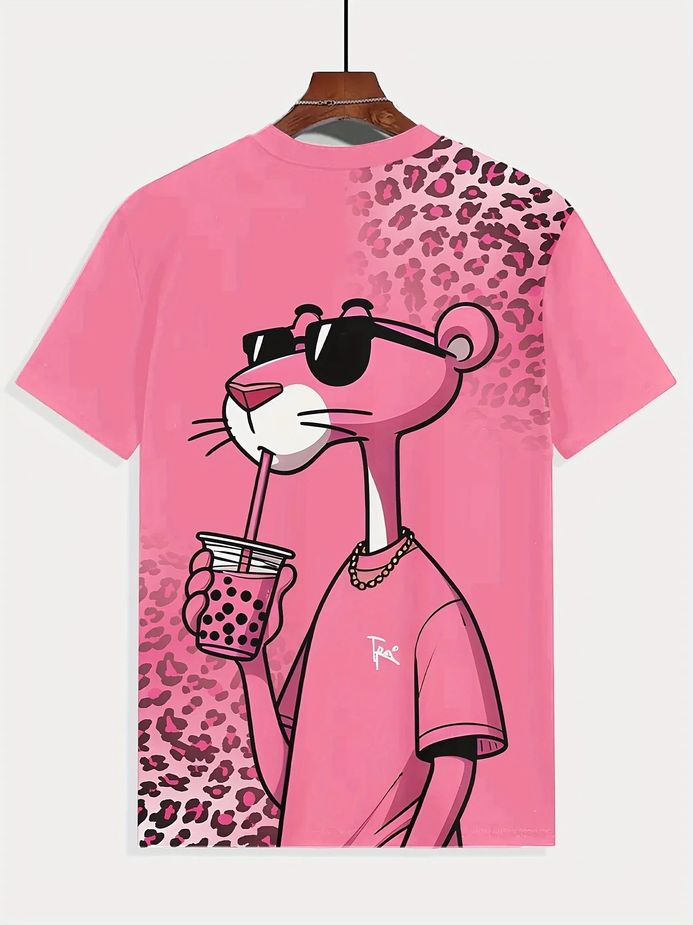 Men's Plus Size Casual Sports Tee - Pink Leopard Print with Stylish Cartoon Rat Graphic,Polyester,Machine Washable,Workout