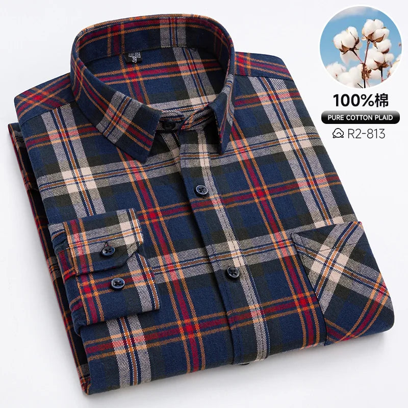 Pure Cotton Men's Plaid Shirts Long Sleeved Regular Fit Casual Office Fashion Shirts Leisure Autumn Male Check Blouses Plus Size