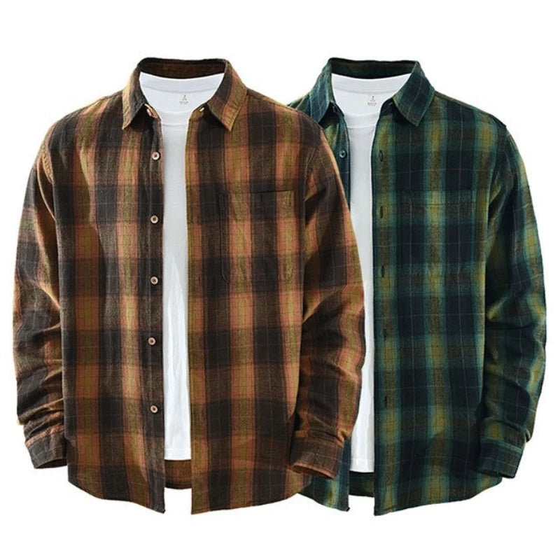 Oversized 100% Cotton Men's Plaid Shirt, Japanese Casual Style, Green Coffee Check Camping Fishing